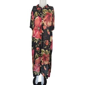 Avenue Sheer Black Orange Floral 5 Botton Duster Womens 14/16